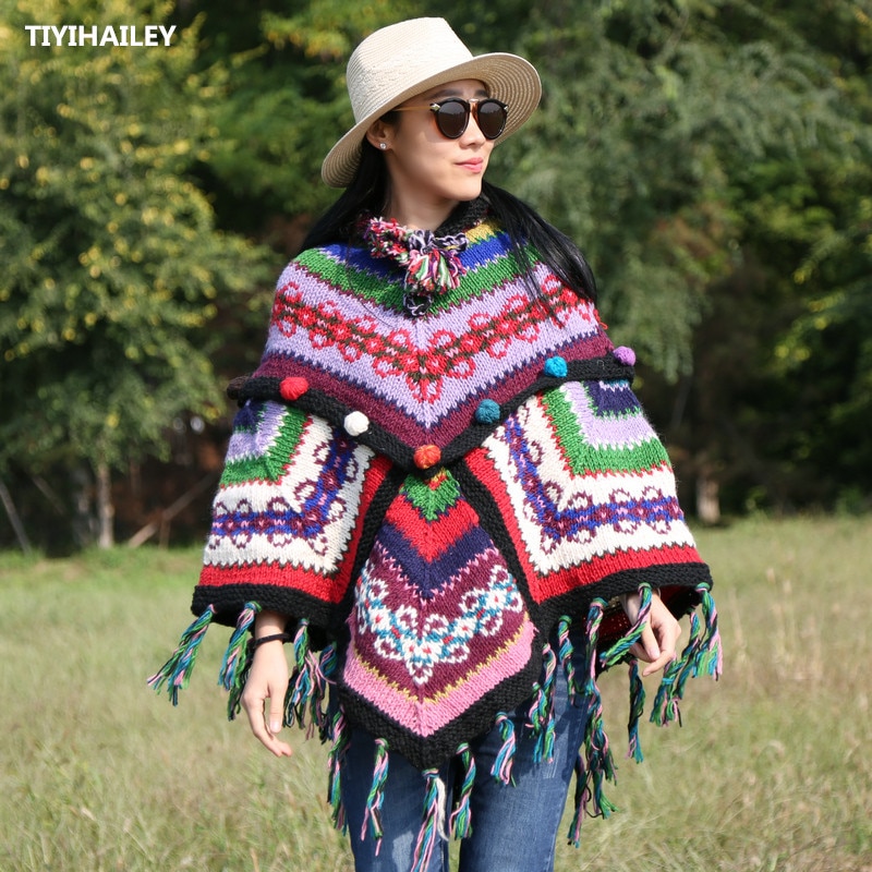 TIYIHAILEY 무료 배송 패션 100% 양모 망토 후드 코트 느슨한 겉옷 손으로 만든 전국 여성 스웨터 Tassels 겨울